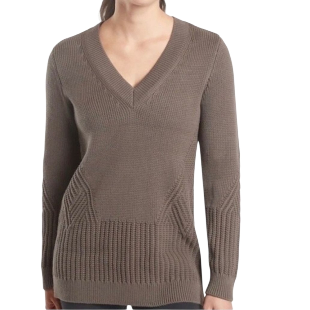 Athleta Sweater Teton‎ V-neck Chunky Oversized Cotton Tunic Woven Coffee Brown S